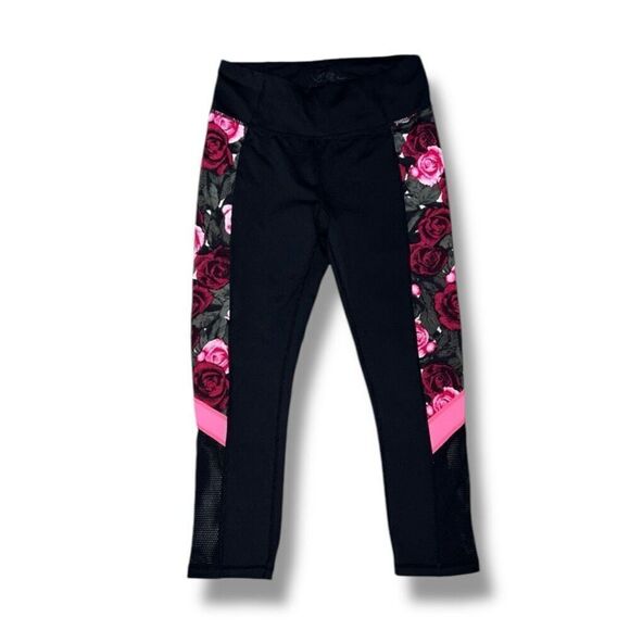 Betsy Johnson, Rose Print Side Panels, Mesh Cutouts, Cropped Capri Leggings XS/S - Picture 1 of 11